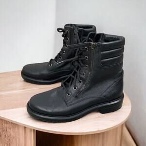 Aquatalia Laila Boots Black Waterproof Leather Lace-up Side Zip Moto Combat $550